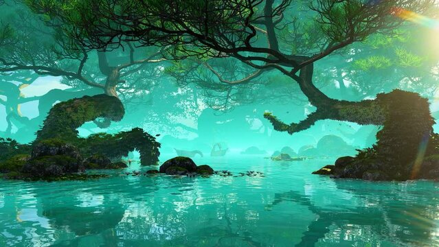 Foggy lake with blue water surrounded by pine forest
