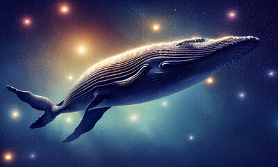 Obraz na płótnie Canvas Big whale is floating in starry night sky in abstract dreamy mood. Postproducted generative AI illustration.
