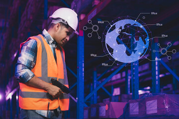 Warehouse staff working with hologram virtual interface searching panel of global logistics network...