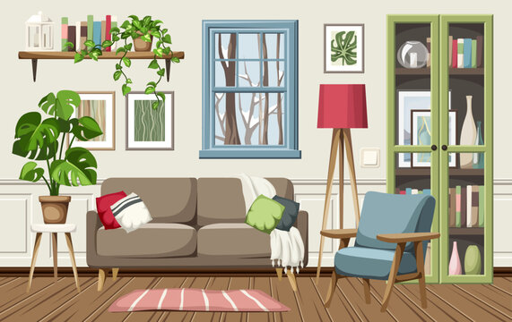 Cozy winter living room interior with snowy trees outside the window. Modern colorful interior design with a sofa, and armchair, a bookcase, and houseplants. Cartoon vector illustration