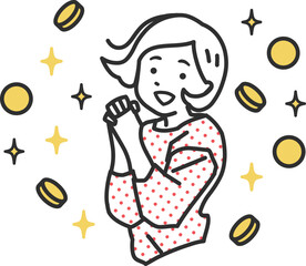 ポイントが沢山手に入って喜んでいる若い女性のシプルタッチのイラスト