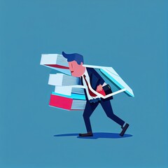 Clumsy businessman carrying paperwork binders