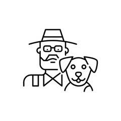 Elderly man in farmer hat and his dog. Pet owner icon. Pixel perfect, editable stroke design