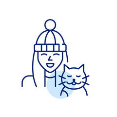 Smiling girl in a beanie and her happy cat. Pixel perfect, editable stroke line icon