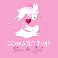Wedding day and Save the Date design. Happy Valentine's day congratulation card template with cute rabbits in love. Expression of tender feelings.