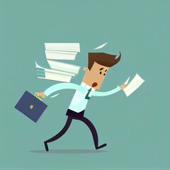 Clumsy businessman carrying paperwork binders