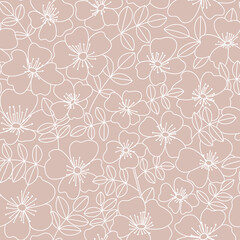 Wild rose floral doodle seamless pattern. Cute neutral lace summer blooming petals on delicate background. Gentle elegant romantic rosehip flower print for fabric or wrapping paper.