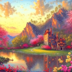A cozy stone old castle on a grass field reflecting in a lake. Rural beautiful landscape with flowers and trees against sunset sky and mountains. Digital painting illustration.