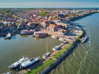 Obraz premium Aerial drone view of picturesque village of Marken, near Volendam, North Holland, Netherlands