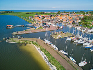 Aerial drone view of picturesque village of Marken, near Volendam, North Holland, Netherlands