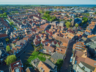 Fototapeta premium Aerial drone view of picturesque village of Volendam in North Holland, Netherlands