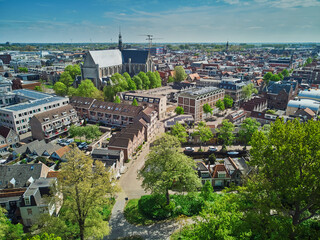 Aerial drone view of the historical center of Alkmaar, North Holland, Netherlands