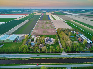 Aerial drone view of typical Dutch fields and polders