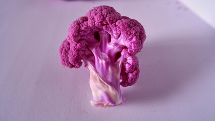 Closeup piece of violet or pink cauliflower like a tree on the white floor, isolated.