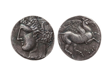 Silver 5 shekel Carthaginian coin replica portrait of Tanit the sky goddess and the winged horse Pegasus the First Punic War 264-260 BC, png stock photo cut out and isolated on transparent background - obrazy, fototapety, plakaty
