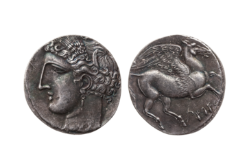 Silver 5 shekel Carthaginian coin replica portrait of Tanit the sky goddess and the winged horse Pegasus the First Punic War 264-260 BC, png stock photo cut out and isolated on transparent background