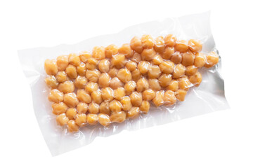 Cheese snack balls in vacuum plastic packaging isolated on white background. Vacuum transparent...