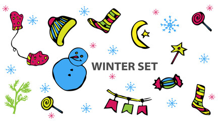 A winter set with brightly colored Christmas figurines, snowmen, candy, snowflakes, socks, Christmas trees and mittens. Vector illustration, isolated on white background