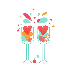 Glasses for wine. Wine in a glass goblet. Bright colored illustrations with alcoholic drinks. Cocktail, alcoholic drinks. Heart shape, holiday, birthday, wedding, Valentine's Day. Vector illustration.