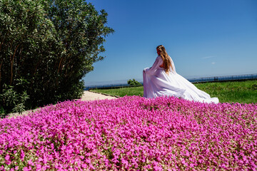 Fototapeta na wymiar a beautiful woman in a white flowing long dress stay near a beautiful field with pink flowers rear view