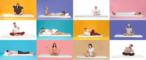 Collage with photos of people on soft comfortable mattresses on different color backgrounds