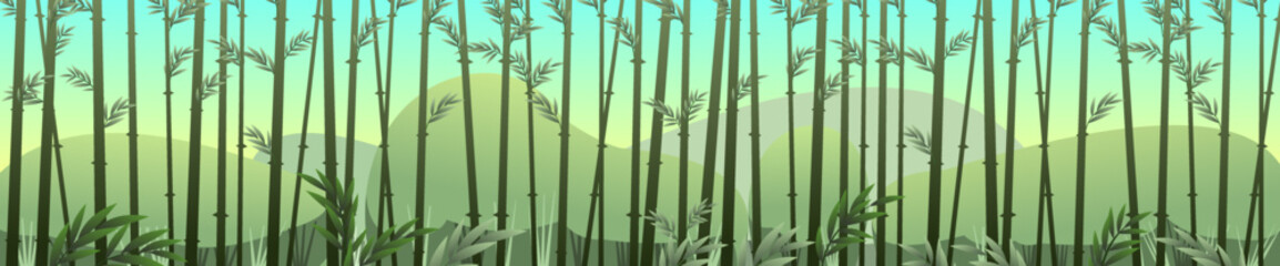 Bamboo grove Beautiful morning. Tropical reed beds. Jungle and tropical forests of southern latitudes. Cartoon cheerful style. Flat design. Vector