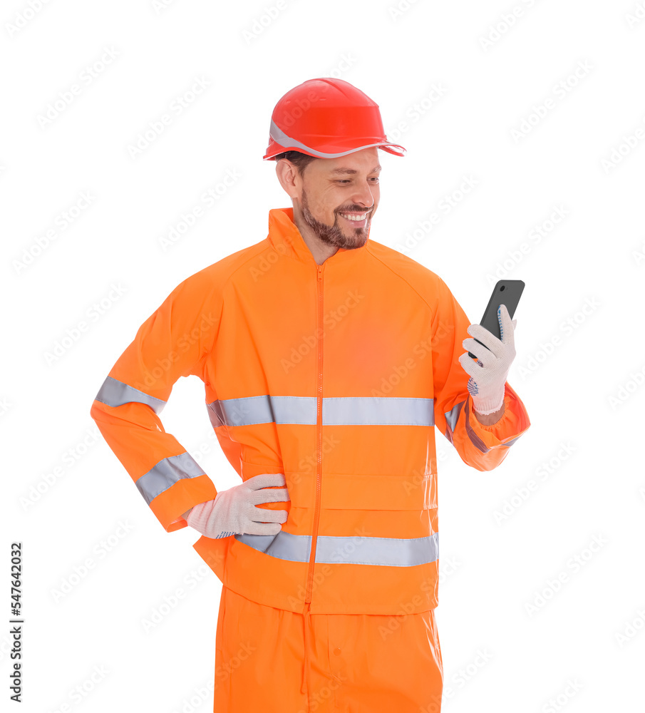 Sticker Man in reflective uniform with phone on white background