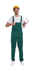 Professional repairman in uniform with phone on white background
