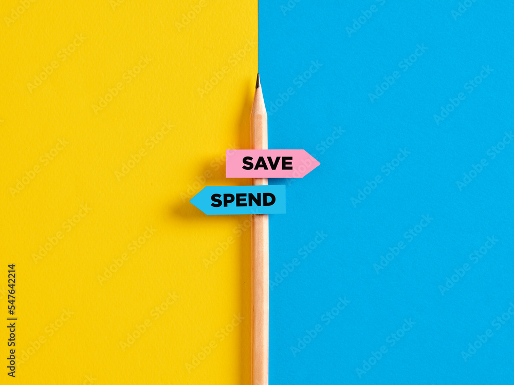 Poster to save or to spend choice or decision. pencil with direction indicator stickers showing the differe