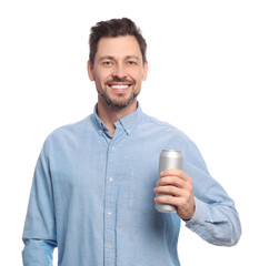 Happy man holding tin can with beverage on white background