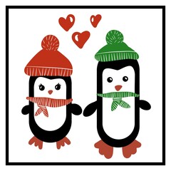 Two penguins in love in hats and scarves.