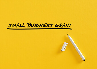 Small business grant on yellow background with felt tip pen.