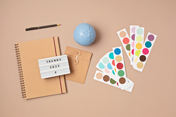 Lightbox with text trends 2023 and color palettes. Popular color tendencies and trends for new year idea