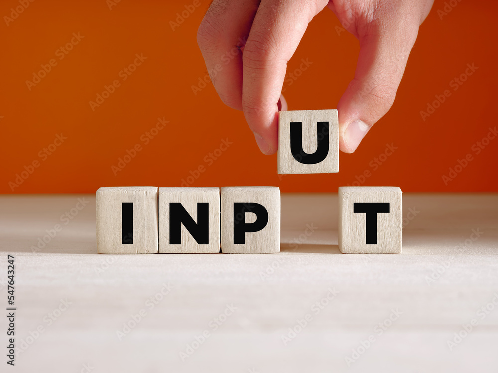 Poster hand puts the wooden cube with the word input. business or technology input and factors of productio