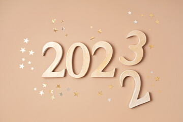 Figures turn from 2022 to 2023. New year celebration, beginning, start concept