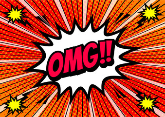 Pop art style, Comic book concept speech bubble OMG.  Illustration halftone dot versus comic. Comics book template background. Pop art colorful backdrop.