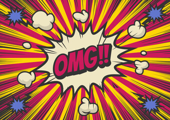 Pop art style, Comic book concept speech bubble OMG.  Illustration halftone dot versus comic. Comics book template background. Pop art colorful backdrop.