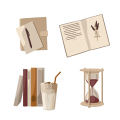 Vector elements on the theme of learning: books, a notebook with a pen and an hourglass