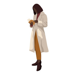 Vector black girl in a long coat stands and reads a book