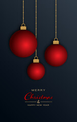 Christmas greeting card - red 3D Christmas balls on dark background - Merry Christmas and happy new year
