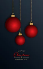 Deurstickers Christmas greeting card - red 3D Christmas balls on dark background - Merry Christmas and happy new year © Ester