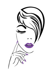 portrait of the girl. Woman face. Sexy woman with purple lips and short haircut	
