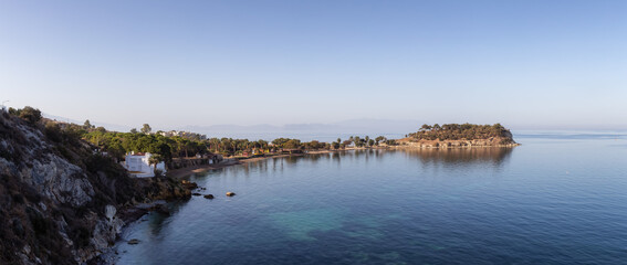 Homes and Buildings in a Touristic Town by the Aegean Sea. Kusadasi, Turkey. Sunny Morning Sunrise. Panorama