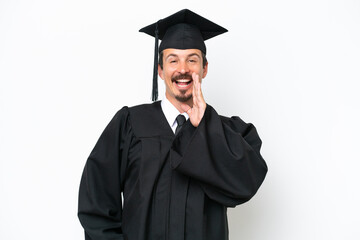 Young university graduate man isolated on white background shouting with mouth wide open