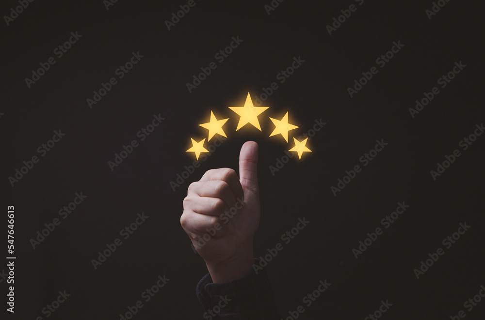 Poster Thumb up with glowing yellow five stars for excellent evaluate after customer use product service , ISO and quality standard certificate concept.