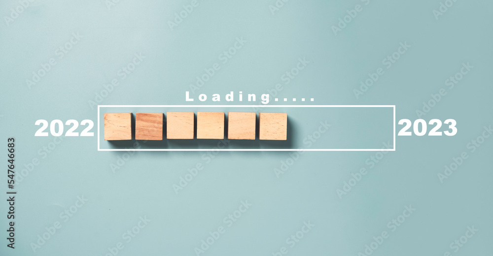 Poster wooden cube block with virtual loading bar for count down from 2022 to 2023 year of preparation merr