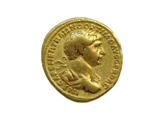 Gold Roman aureus coin of Roman emperor Trajan AD 98-117, png stock photo file cut out and isolated on a transparent background
