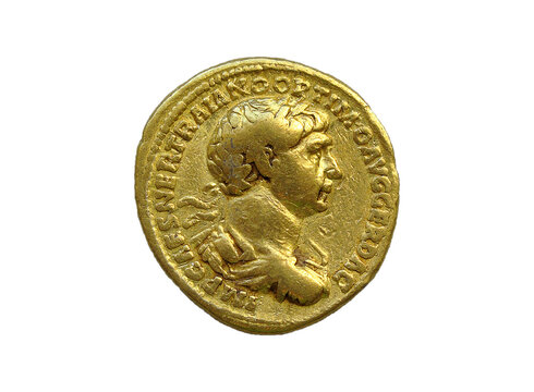 Gold Roman aureus coin of Roman emperor Trajan AD 98-117, png stock photo file cut out and isolated on a transparent background