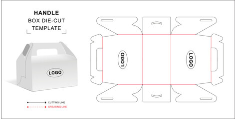 Handle box die cut template with 3D blank vector mockup for food packaging