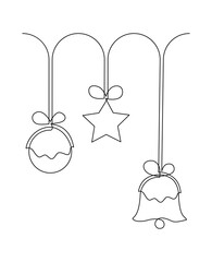Garland of New Year and Christmas decorations for home or Christmas tree. Continuous line drawing illustration